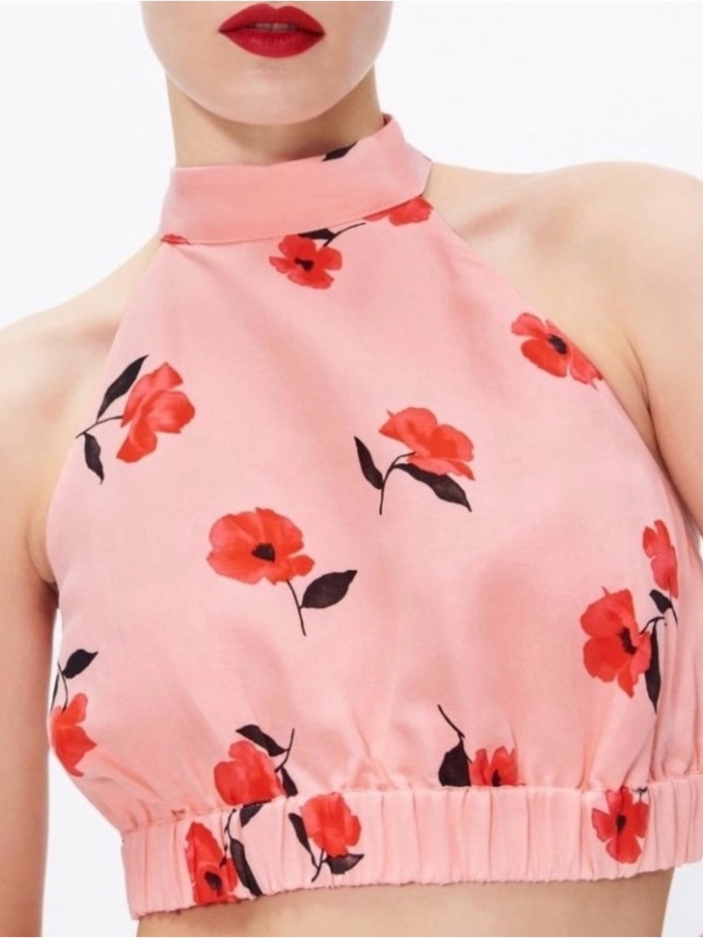 Zara Coral Crop Top Floral Print Linen-Blend Halter Neck Coquette Girly Sz L